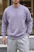 Erkek Lila Tonlu Gri Basic 0 Sıfır Yaka Baskısız Düz Oversize Salaş Bol Kesim Sweatshirt