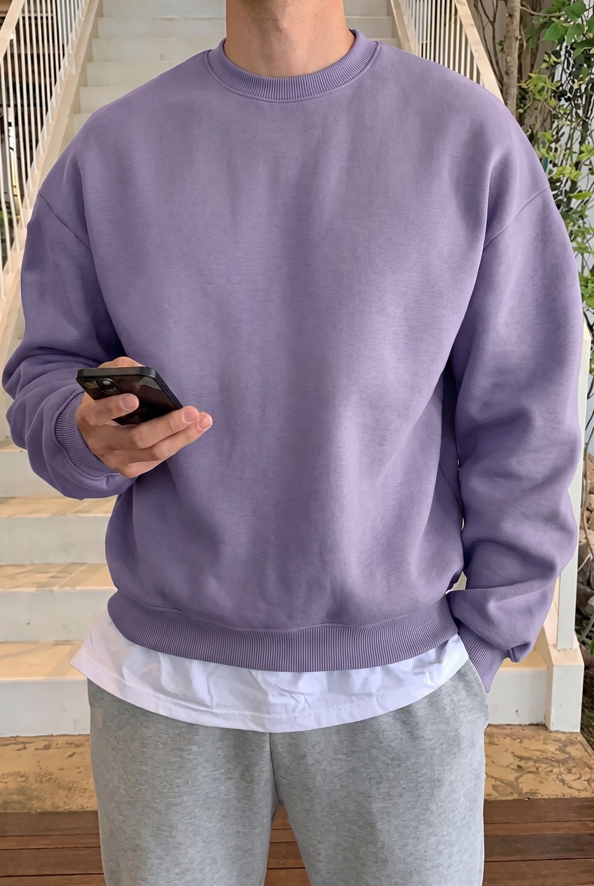 Erkek Lila Tonlu Gri Basic 0 Sıfır Yaka Baskısız Düz Oversize Salaş Bol Kesim Sweatshirt