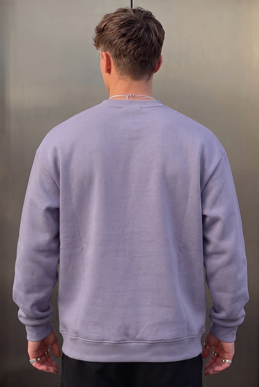 Erkek Lila Tonlu Gri Basic 0 Sıfır Yaka Baskısız Düz Oversize Salaş Bol Kesim Sweatshirt