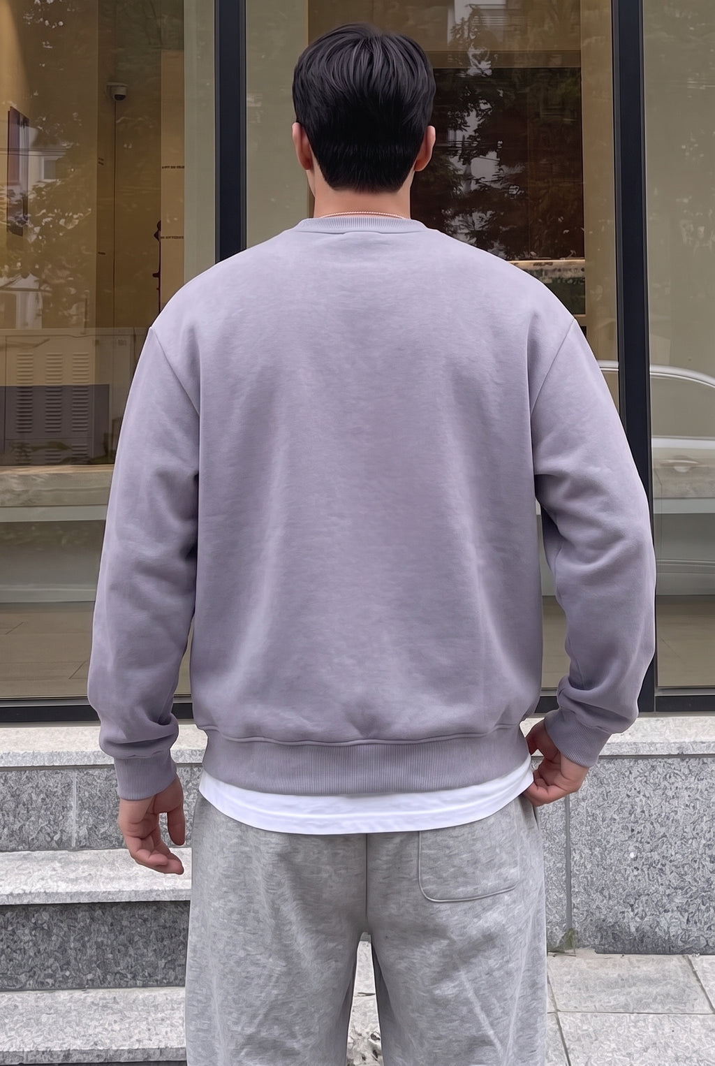 Erkek Lila Tonlu Gri Basic 0 Sıfır Yaka Baskısız Düz Oversize Salaş Bol Kesim Sweatshirt