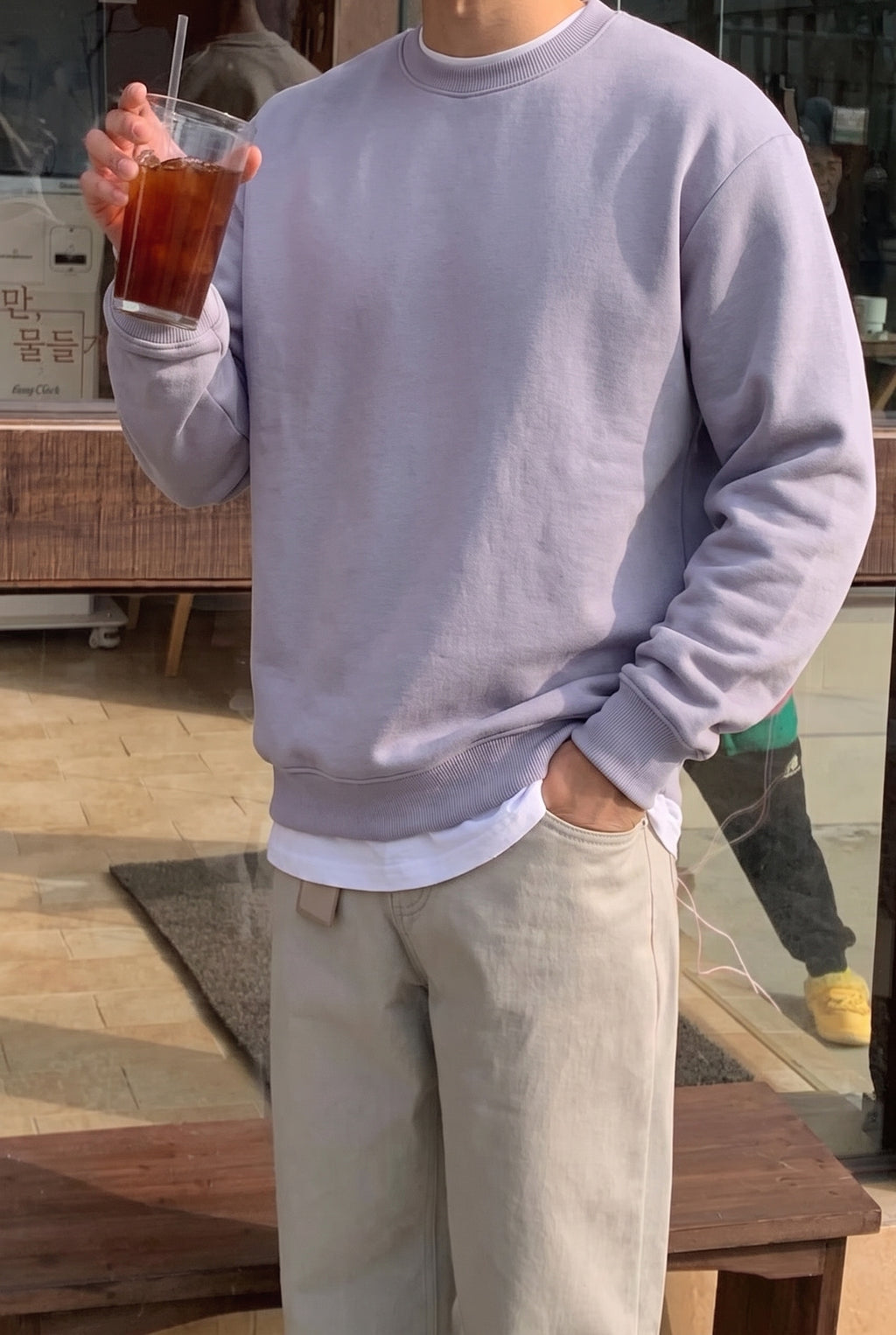 Erkek Lila Tonlu Gri Basic 0 Sıfır Yaka Baskısız Düz Oversize Salaş Bol Kesim Sweatshirt