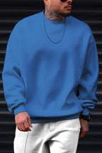 Erkek Mavi Basic 0 Sıfır Yaka Baskısız Düz Oversize Salaş Bol Kesim Polar Sweatshirt