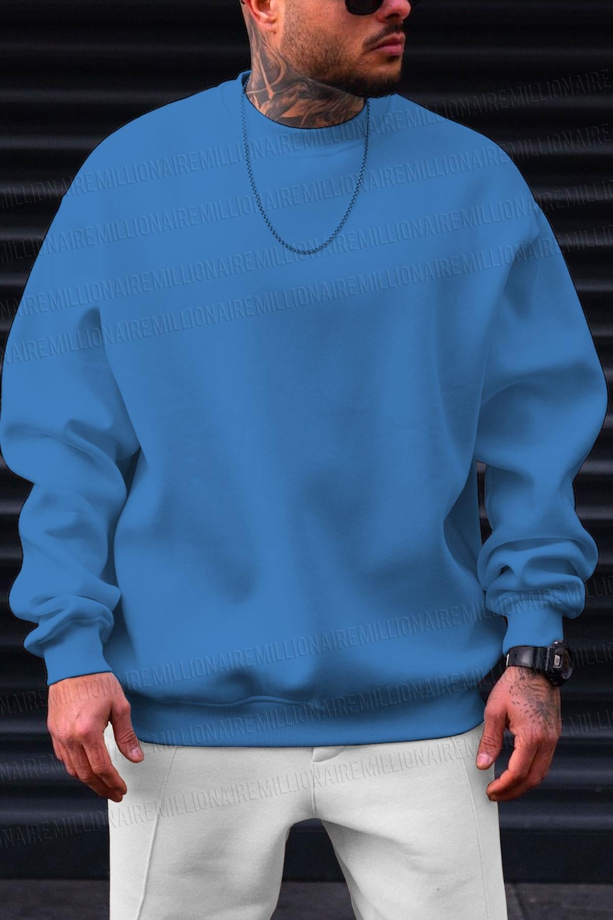 Erkek Mavi Basic 0 Sıfır Yaka Baskısız Düz Oversize Salaş Bol Kesim Polar Sweatshirt