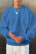 Erkek Mavi Basic 0 Sıfır Yaka Baskısız Düz Oversize Salaş Bol Kesim Polar Sweatshirt