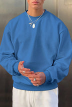 Erkek Mavi Basic 0 Sıfır Yaka Baskısız Düz Oversize Salaş Bol Kesim Polar Sweatshirt