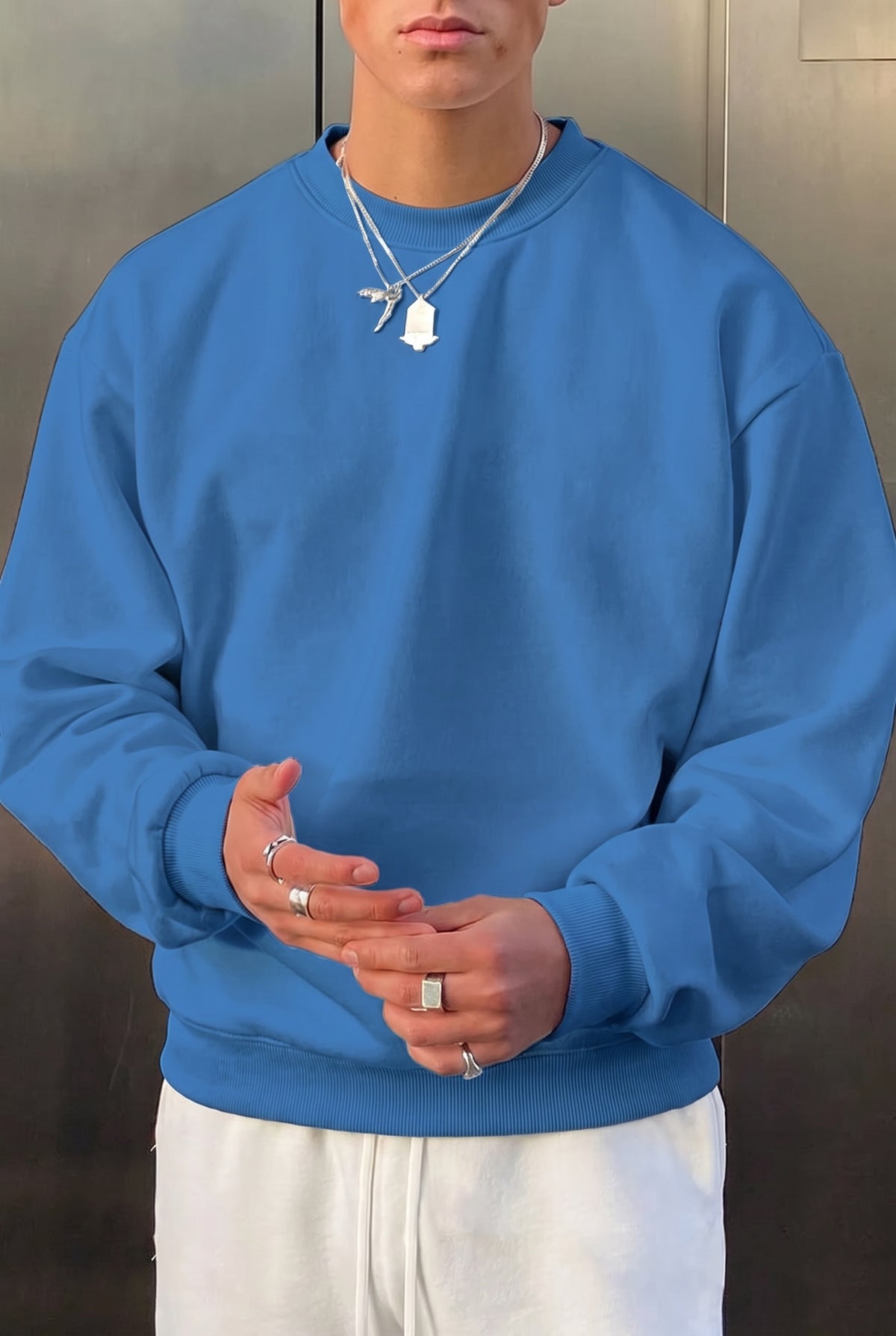 Erkek Mavi Basic 0 Sıfır Yaka Baskısız Düz Oversize Salaş Bol Kesim Polar Sweatshirt