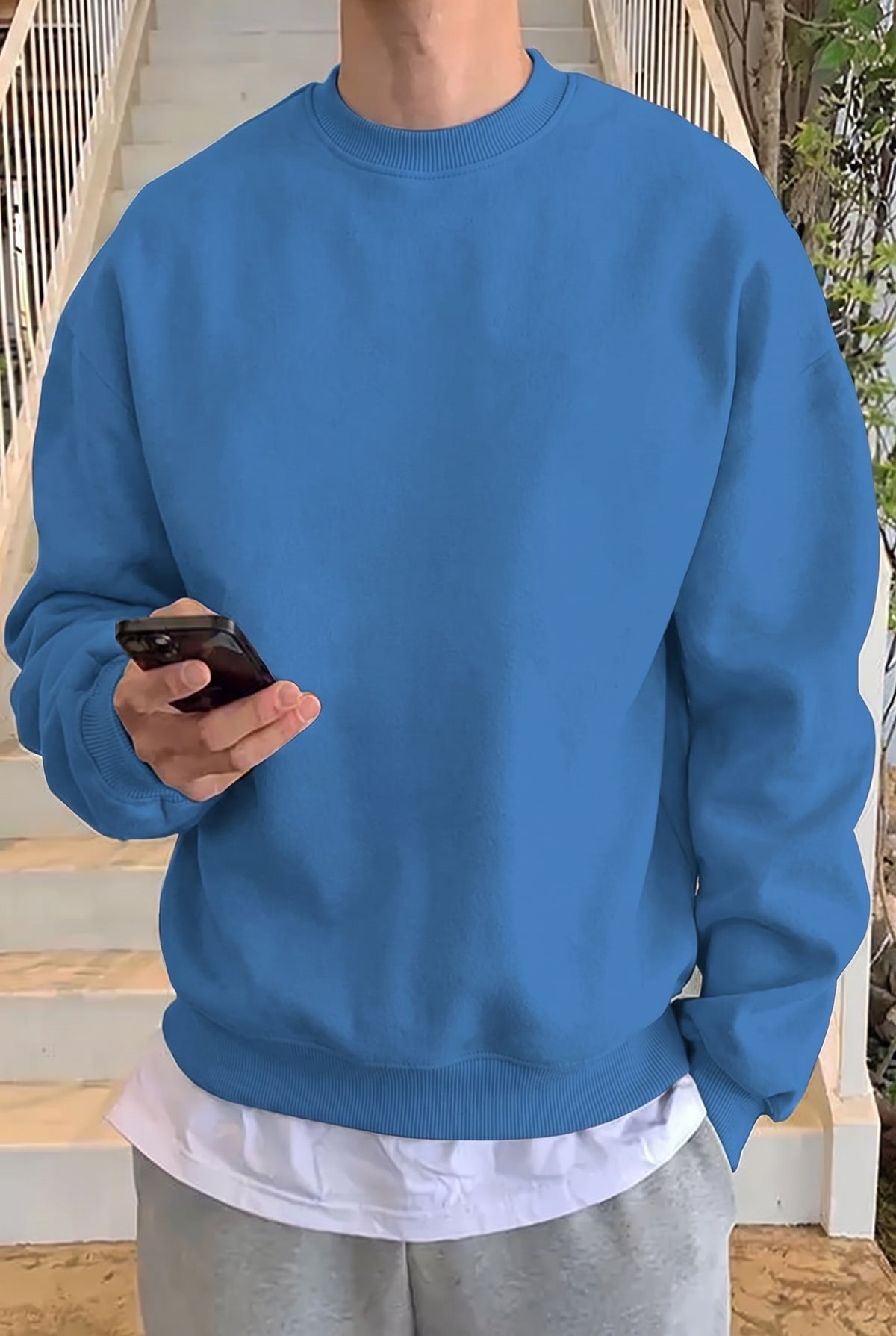 Erkek Mavi Basic 0 Sıfır Yaka Baskısız Düz Oversize Salaş Bol Kesim Polar Sweatshirt