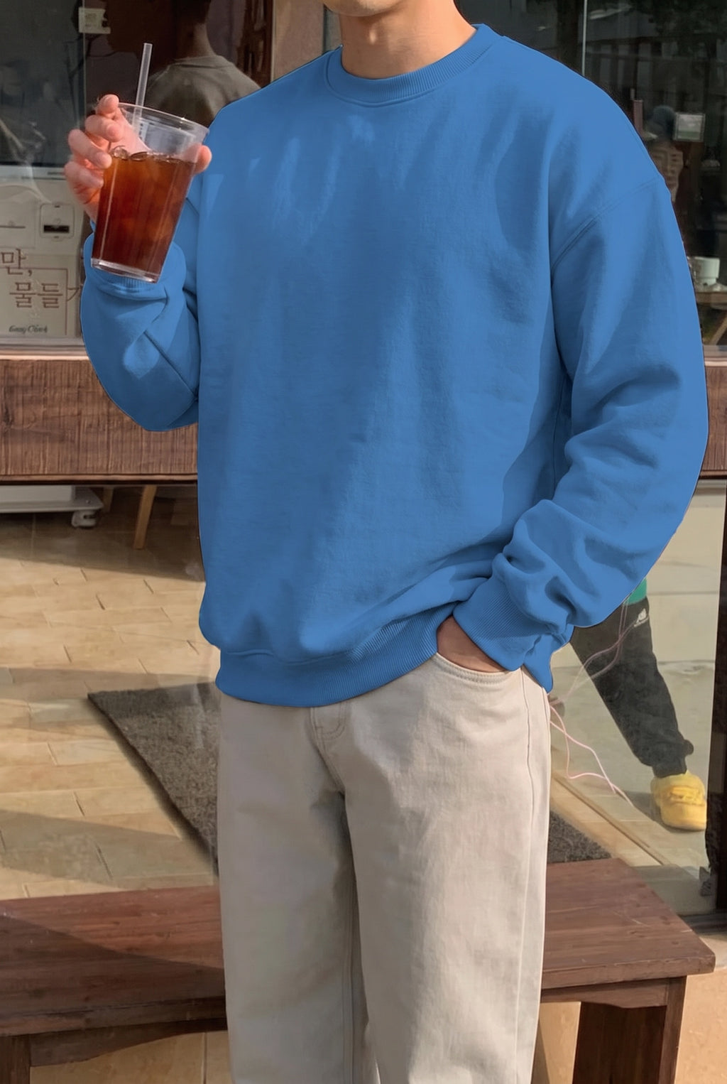 Erkek Mavi Basic 0 Sıfır Yaka Baskısız Düz Oversize Salaş Bol Kesim Polar Sweatshirt