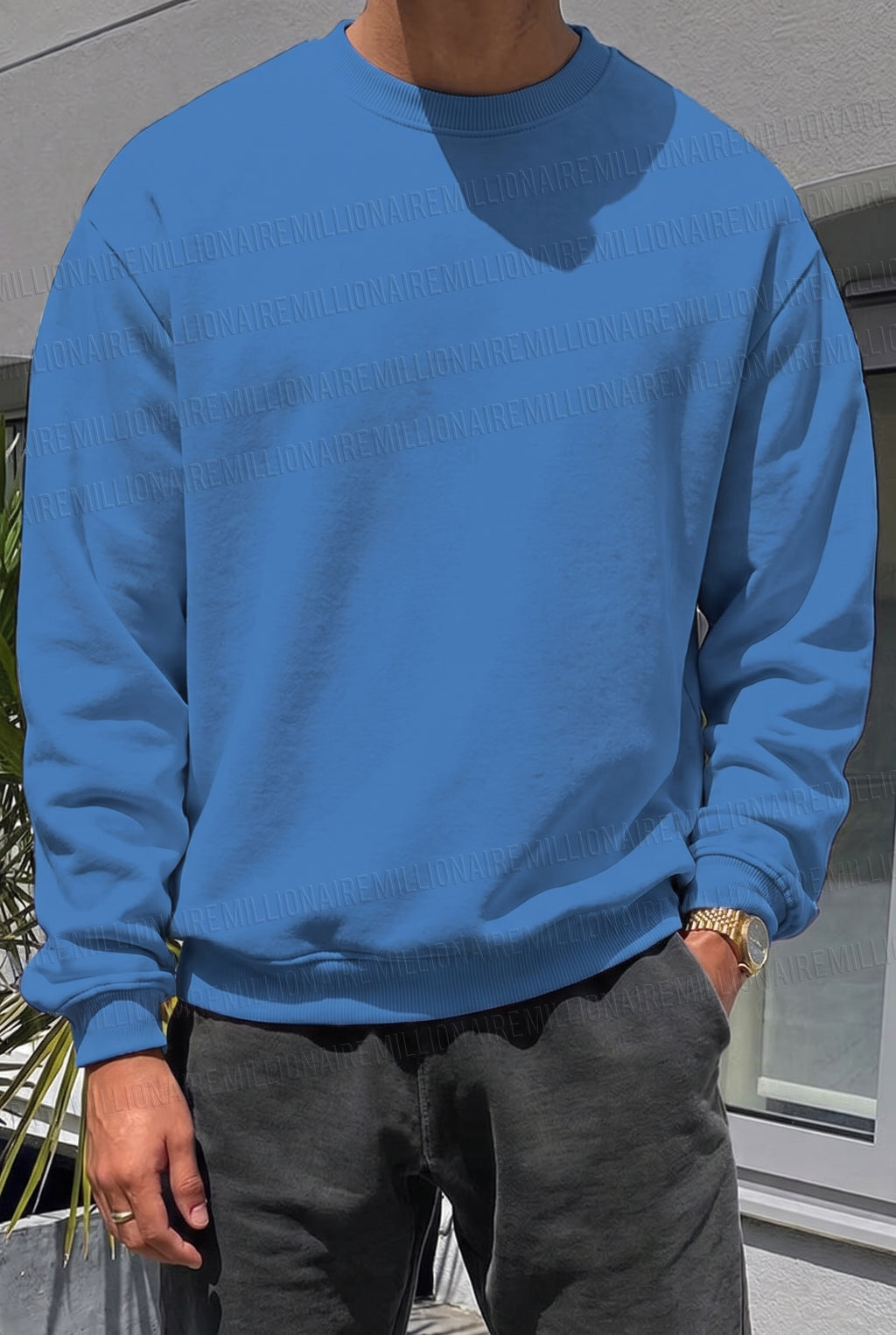 Erkek Mavi Basic 0 Sıfır Yaka Baskısız Düz Oversize Salaş Bol Kesim Polar Sweatshirt