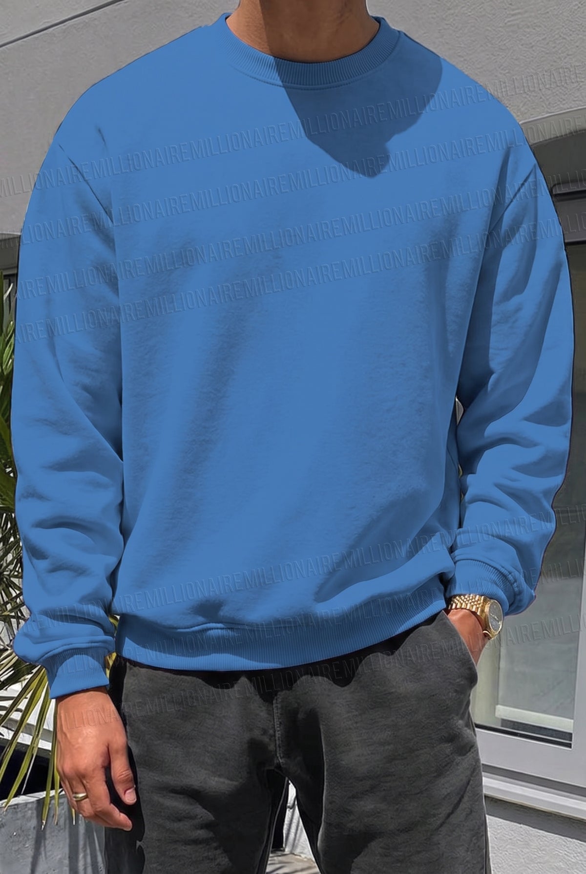 Erkek Mavi Basic 0 Sıfır Yaka Baskısız Düz Oversize Salaş Bol Kesim Polar Sweatshirt