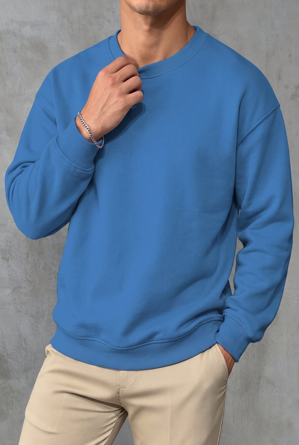 Erkek Mavi Basic 0 Sıfır Yaka Baskısız Düz Oversize Salaş Bol Kesim Polar Sweatshirt