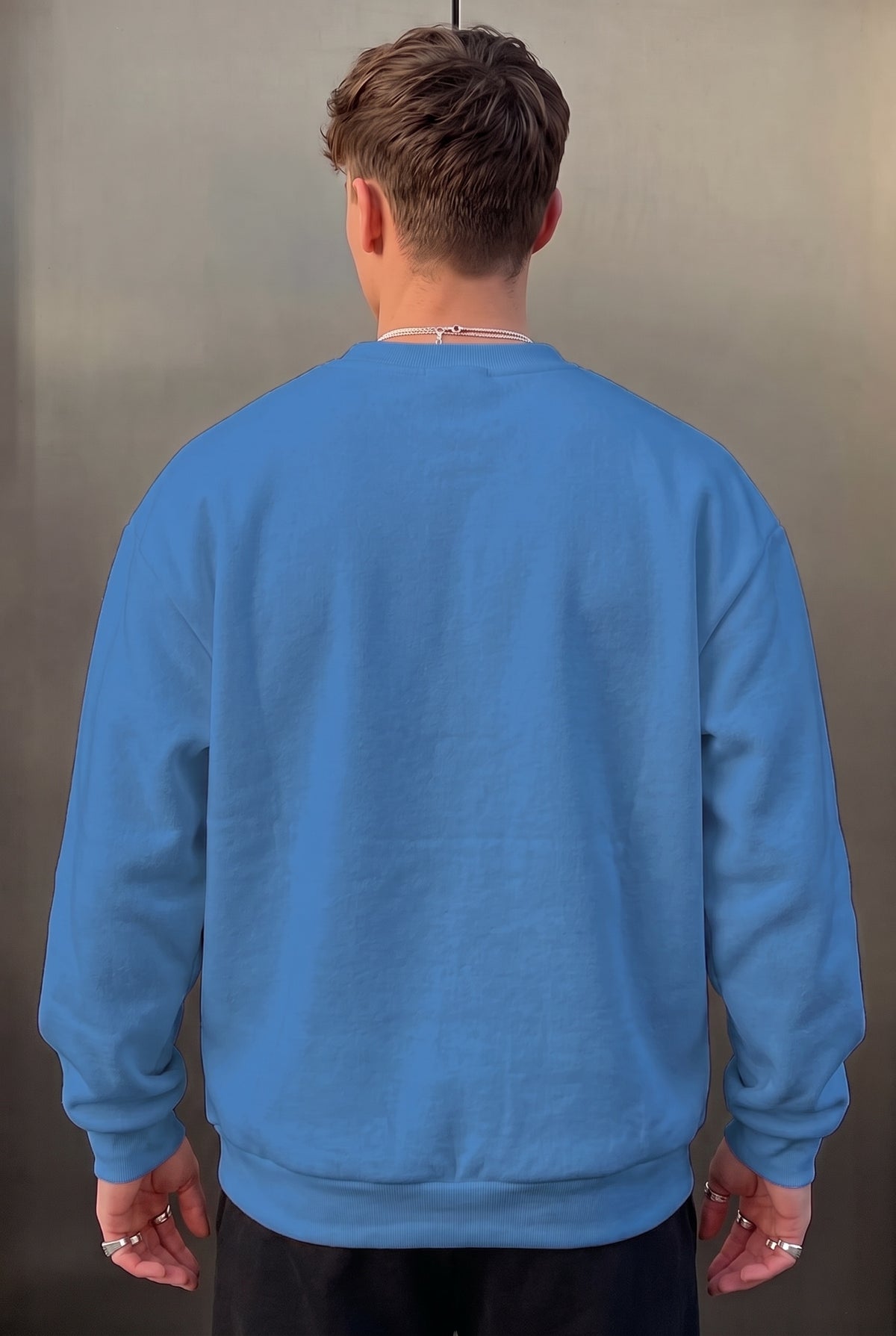 Erkek Mavi Basic 0 Sıfır Yaka Baskısız Düz Oversize Salaş Bol Kesim Polar Sweatshirt