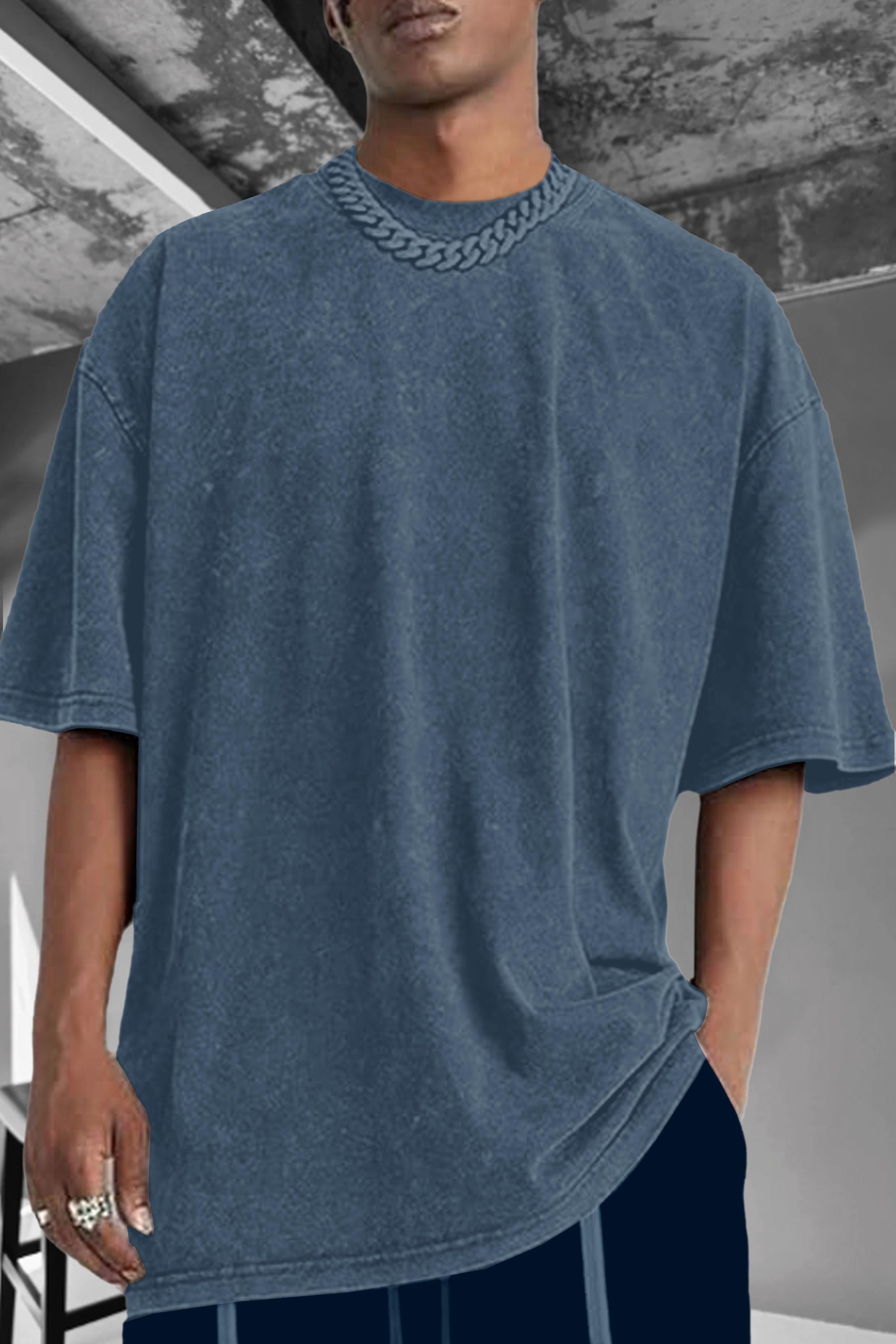 Erkek Mavi Oversize Asit Yıkamalı Eskitme Efektli Boyalı T-Shirt