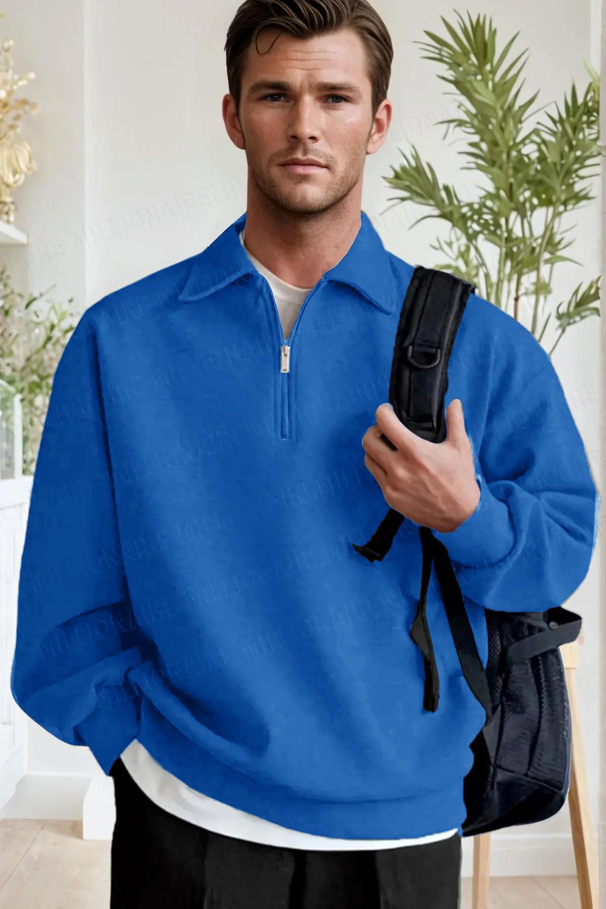Erkek Mavi Yarım Fermuar Polo Yaka 3 İplik İçi Polarlı Şardonlu Oversize Sweatshirt