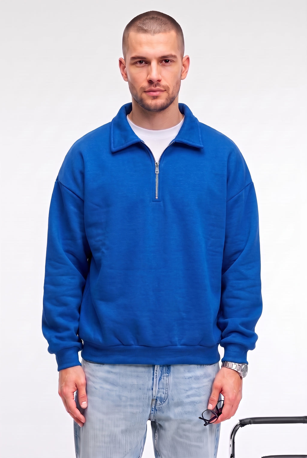 Erkek Mavi Yarım Fermuar Polo Yaka 3 İplik İçi Polarlı Şardonlu Oversize Sweatshirt