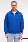 Erkek Mavi Yarım Fermuar Polo Yaka 3 İplik İçi Polarlı Şardonlu Oversize Sweatshirt