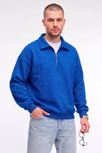 Erkek Mavi Yarım Fermuar Polo Yaka 3 İplik İçi Polarlı Şardonlu Oversize Sweatshirt
