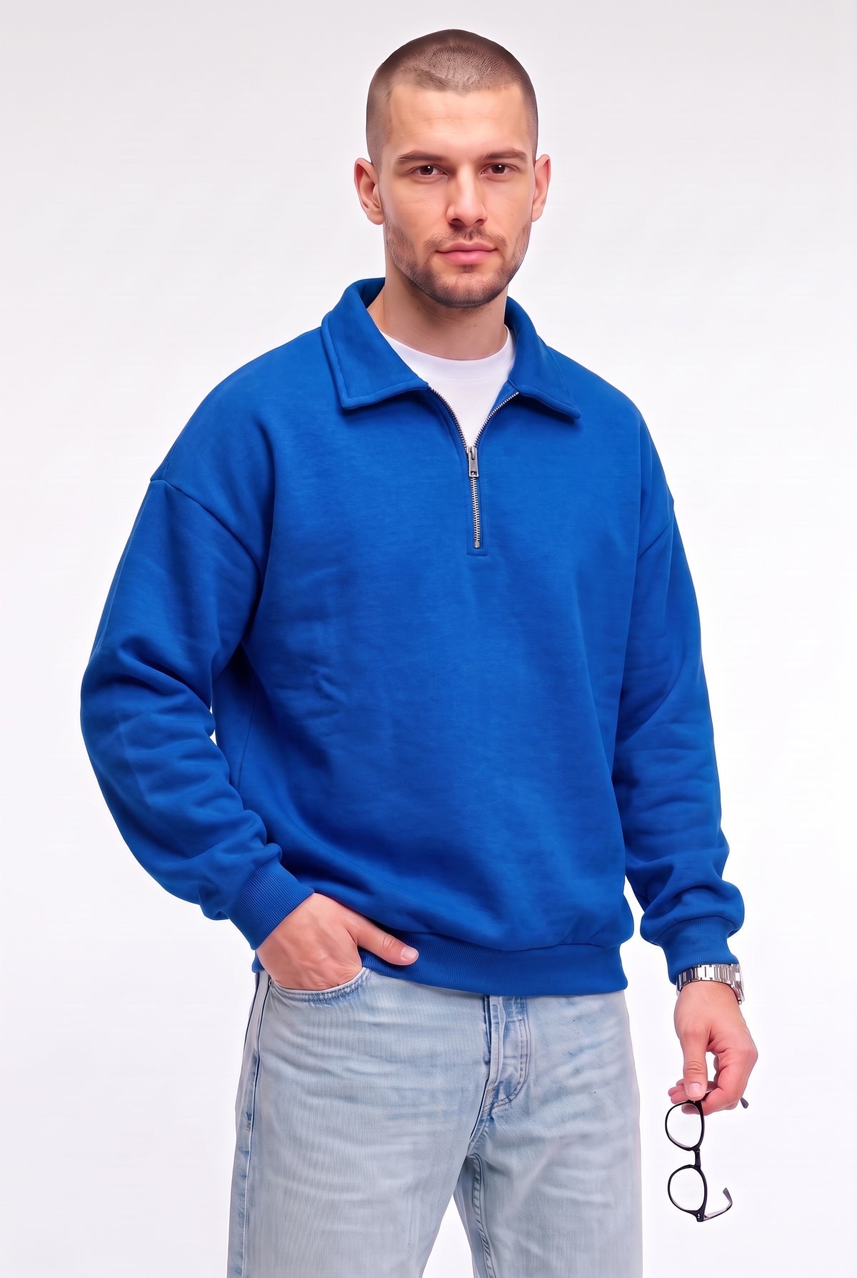 Erkek Mavi Yarım Fermuar Polo Yaka 3 İplik İçi Polarlı Şardonlu Oversize Sweatshirt