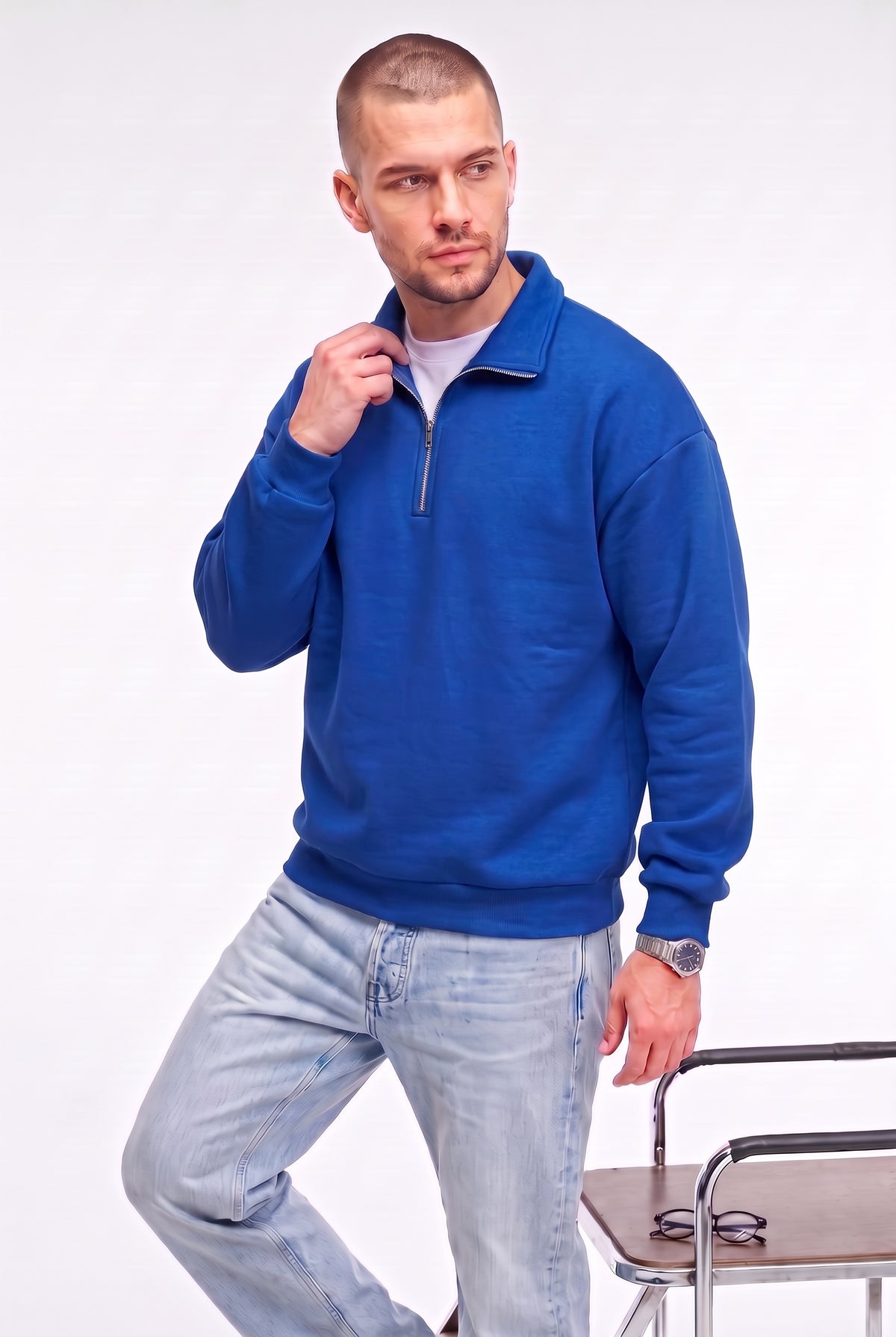 Erkek Mavi Yarım Fermuar Polo Yaka 3 İplik İçi Polarlı Şardonlu Oversize Sweatshirt