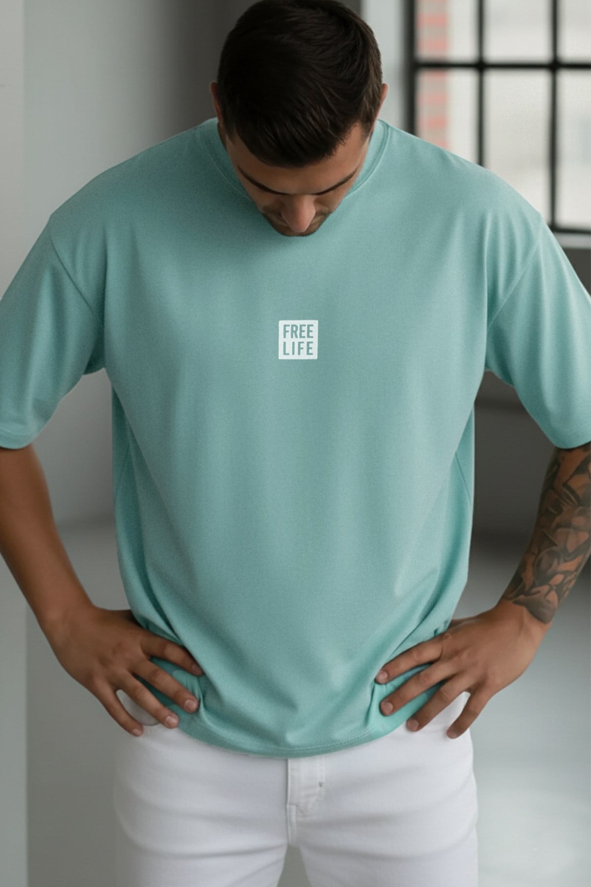Erkek Mint Free Life Bisiklet Yaka Oversize Salas T-Shirt