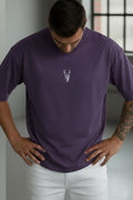 Erkek Mor Geyik Baskılı Oversize Fit Bol Geniş Kalıp Salaş Kesim T-shirt
