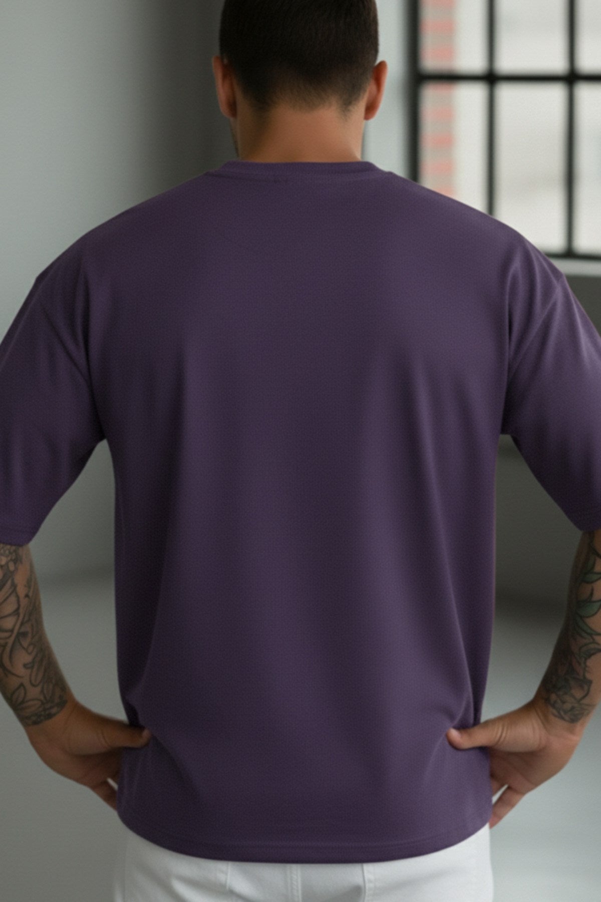 Erkek Mor Geyik Baskılı Oversize Fit Bol Geniş Kalıp Salaş Kesim T-shirt