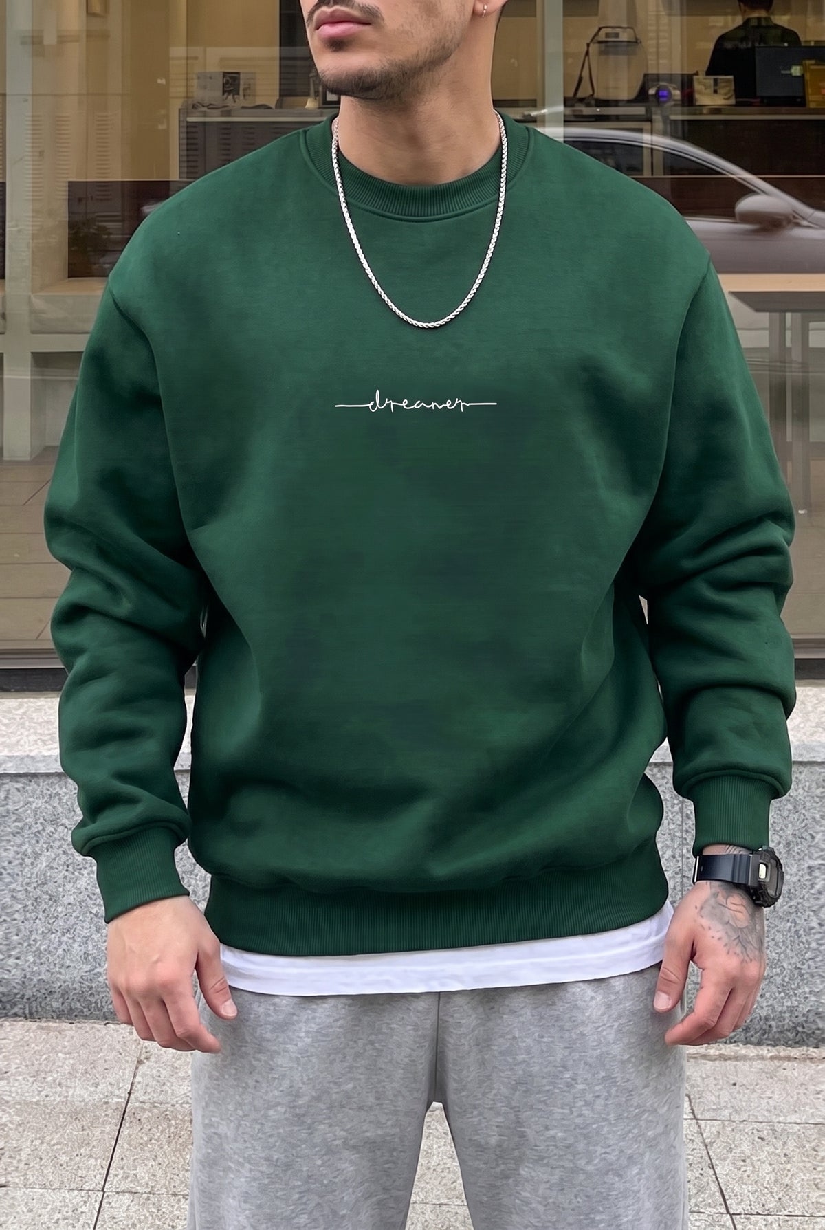 Erkek Nefti Dreamer Baskılı 0 Sıfır Yaka Oversize Salaş Bol Kesim Polar Sweatshirt