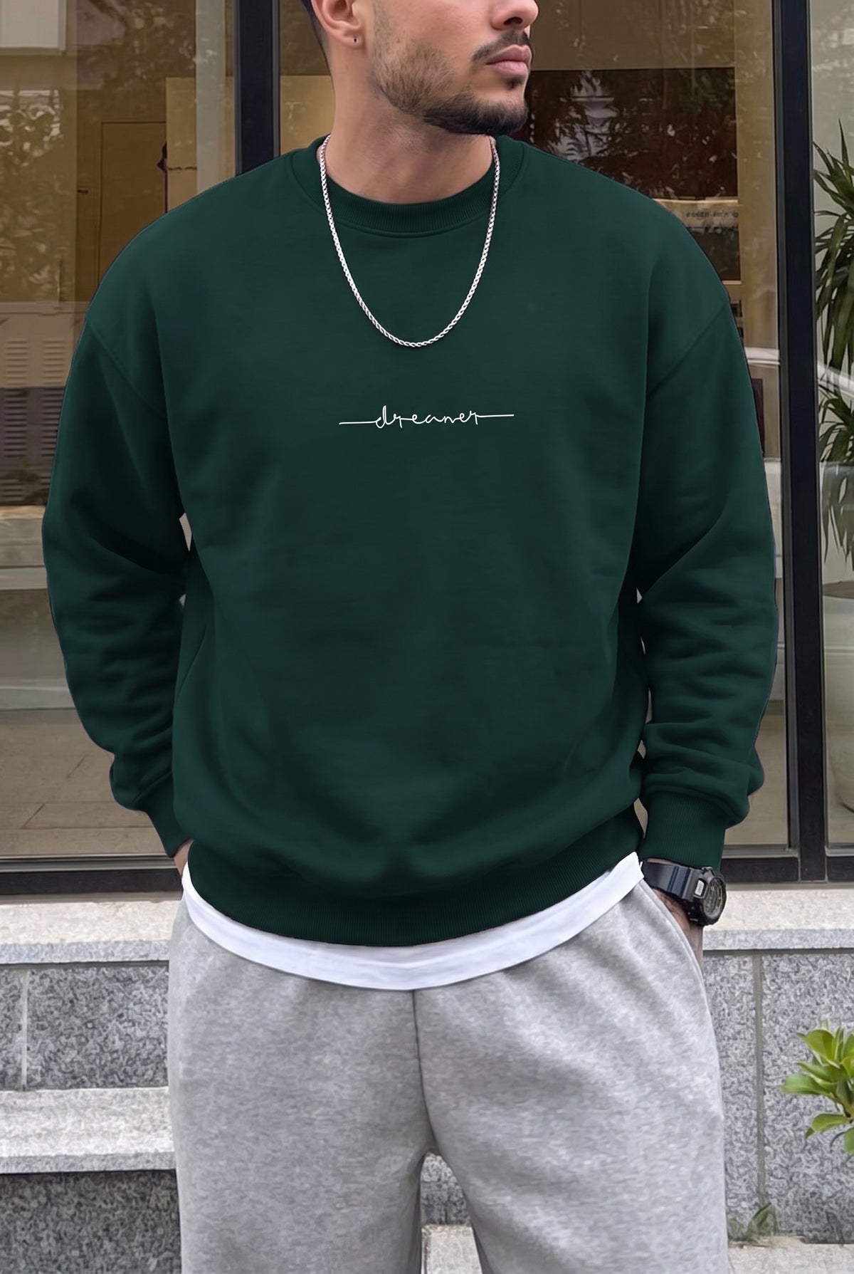 Erkek Nefti Dreamer Baskılı 0 Sıfır Yaka Oversize Salaş Bol Kesim Polar Sweatshirt