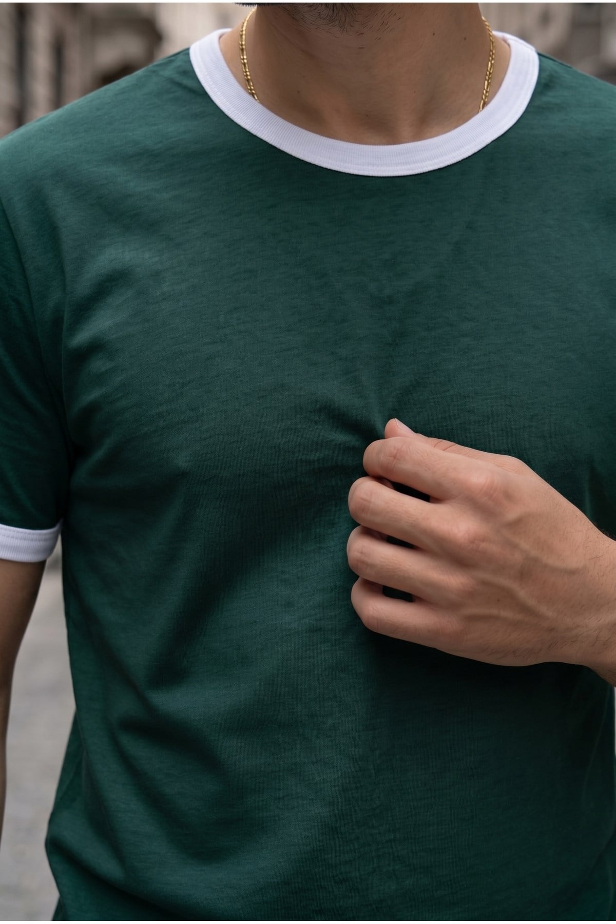Erkek Nefti Yeşil Renkli Tişört Bisiklet Yaka Kol Garnili Regular T-shirt