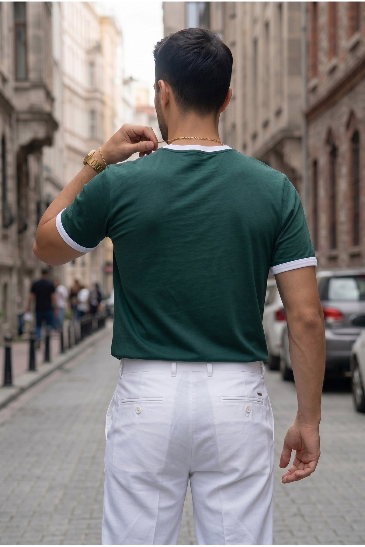 Erkek Nefti Yeşil Renkli Tişört Bisiklet Yaka Kol Garnili Regular T-shirt