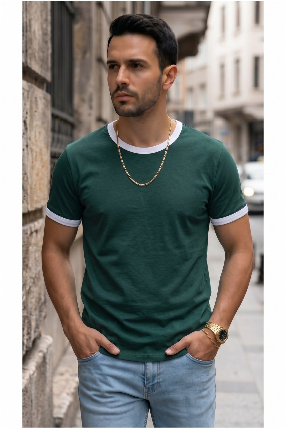 Erkek Nefti Yeşil Renkli Tişört Bisiklet Yaka Kol Garnili Regular T-shirt