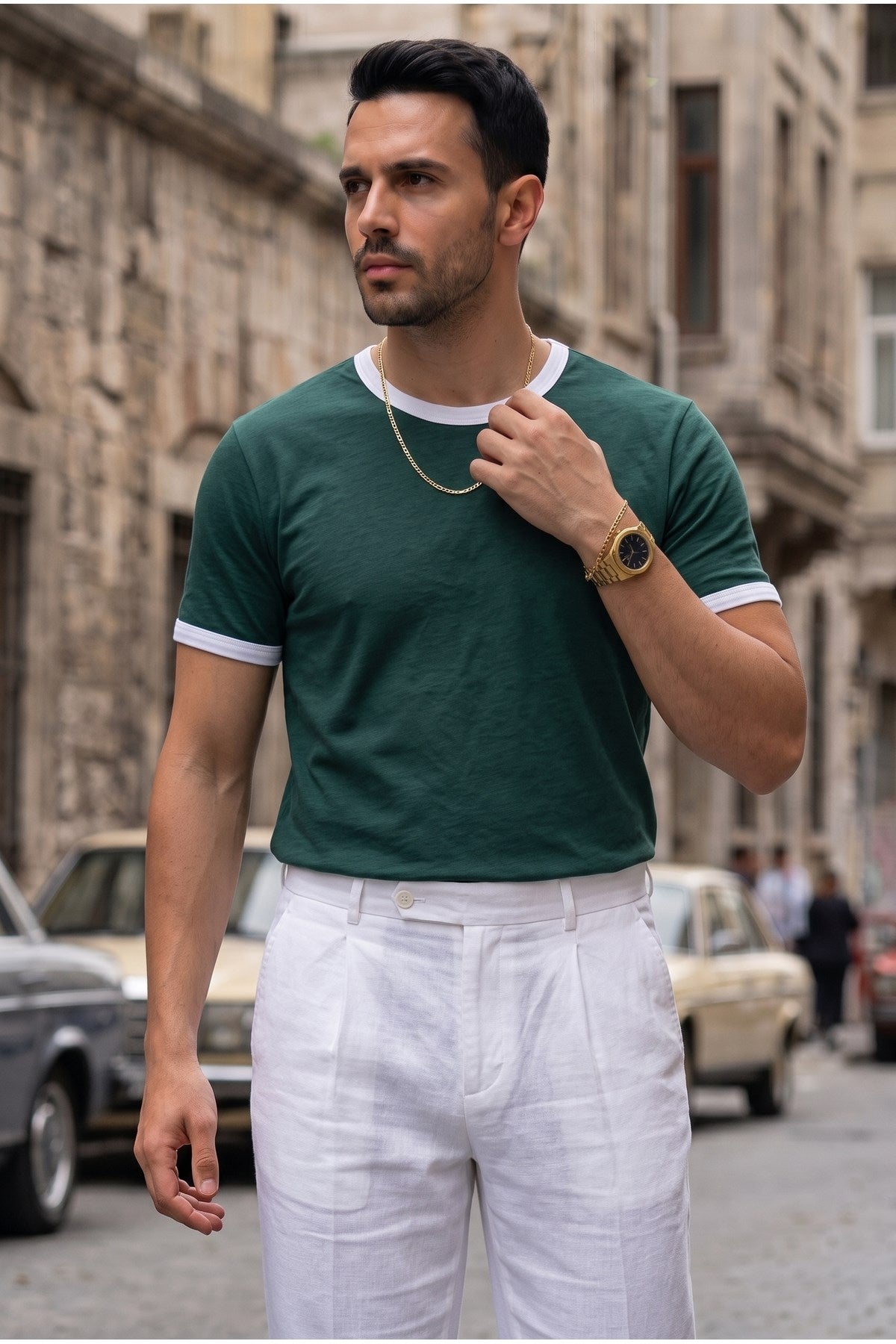 Erkek Nefti Yeşil Renkli Tişört Bisiklet Yaka Kol Garnili Regular T-shirt