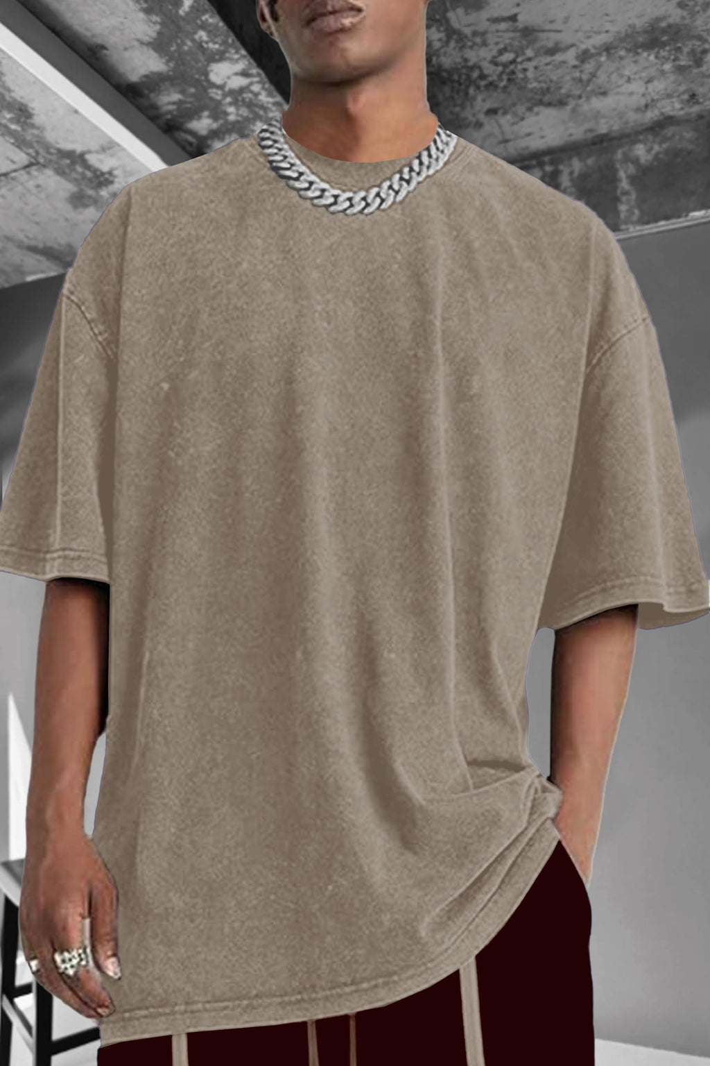 Erkek Taş Oversize Asit Yıkamalı Eskitme Efektli Boyalı T-Shirt