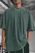 Erkek Petrol Yeşili Oversize Asit Yıkamalı Eskitme Efektli Boyalı T-Shirt