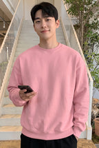 Erkek Pembe Basic 0 Sıfır Yaka Baskısız Düz Oversize Salaş Bol Kesim Polar Sweatshirt