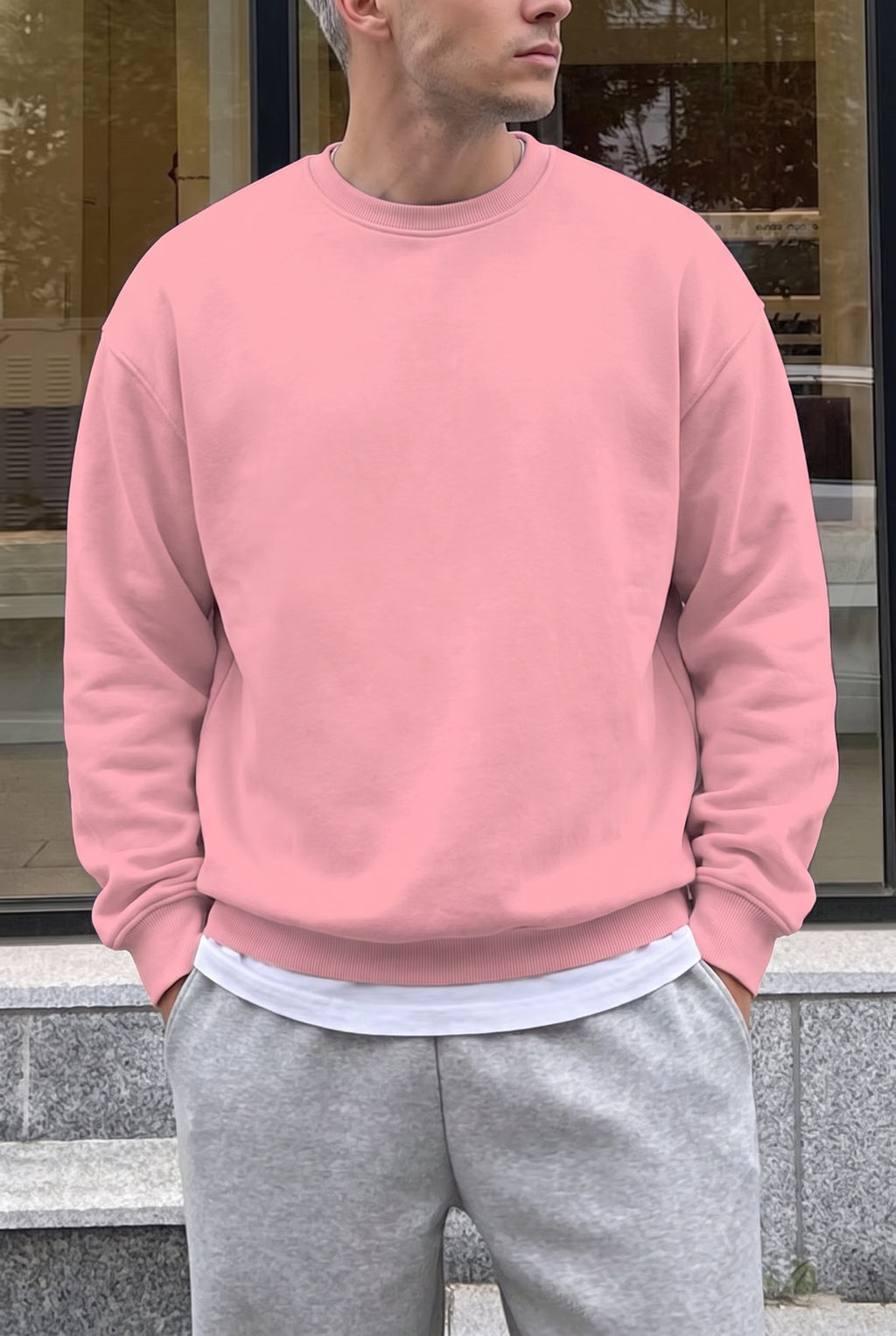 Erkek Pembe Basic 0 Sıfır Yaka Baskısız Düz Oversize Salaş Bol Kesim Polar Sweatshirt
