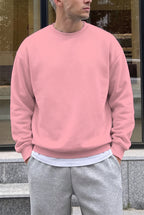 Erkek Pembe Basic 0 Sıfır Yaka Baskısız Düz Oversize Salaş Bol Kesim Polar Sweatshirt