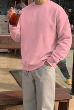 Erkek Pembe Basic 0 Sıfır Yaka Baskısız Düz Oversize Salaş Bol Kesim Polar Sweatshirt