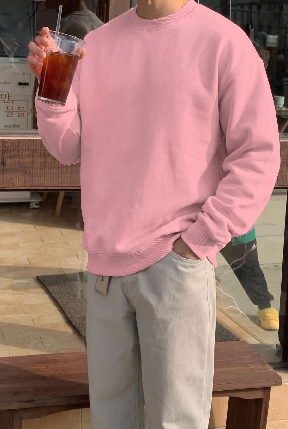Erkek Pembe Basic 0 Sıfır Yaka Baskısız Düz Oversize Salaş Bol Kesim Polar Sweatshirt