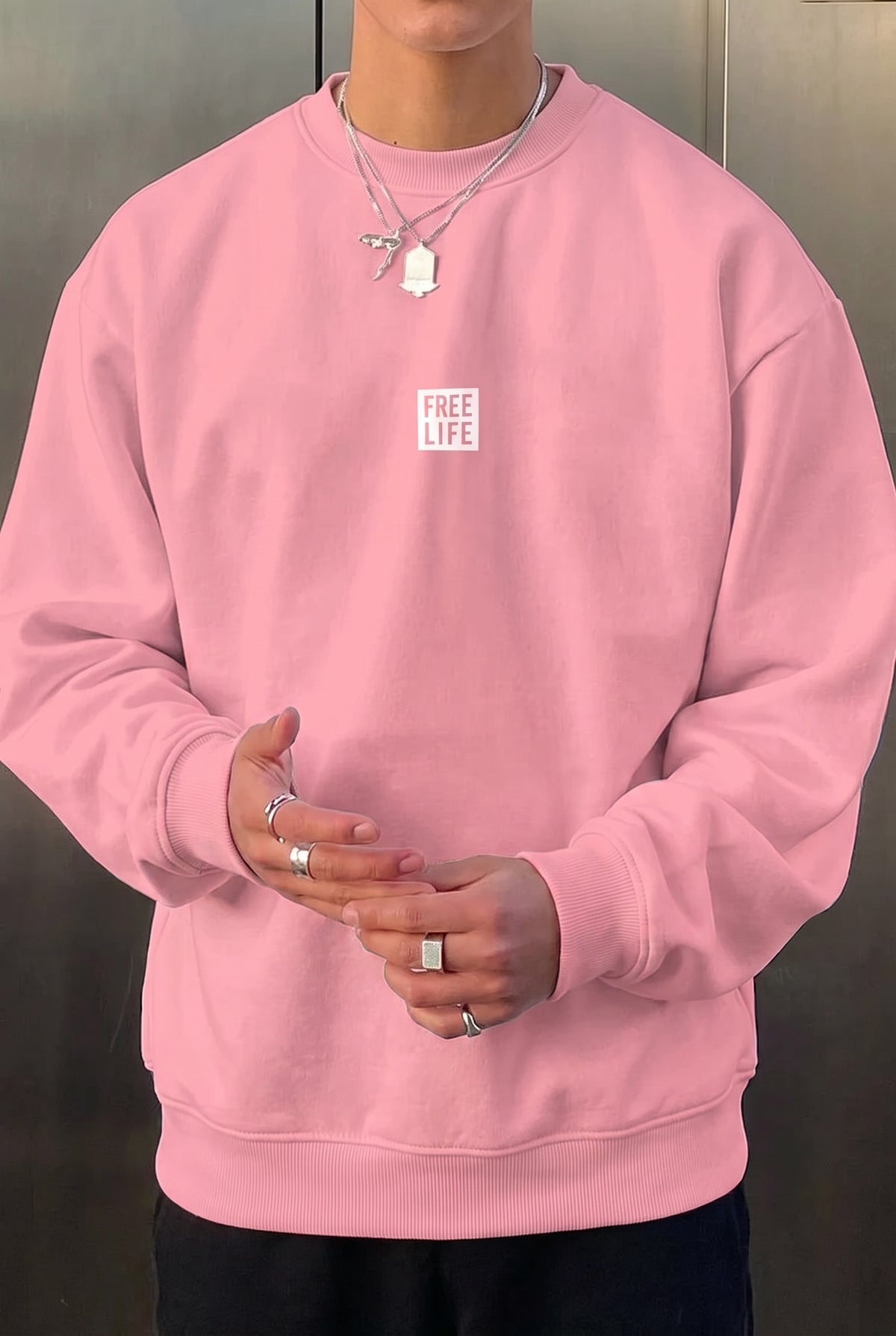 Erkek Pembe Free Life Baskılı Kalın Soft 3 İplik içi Şardonlu 0 Sıfır Yaka Oversize Salaş Sweatshirt