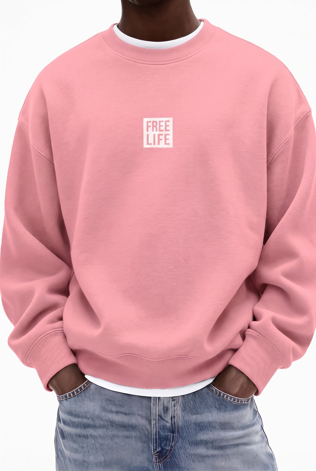 Erkek Pembe Free Life Baskılı Kalın Soft 3 İplik içi Şardonlu 0 Sıfır Yaka Oversize Salaş Sweatshirt