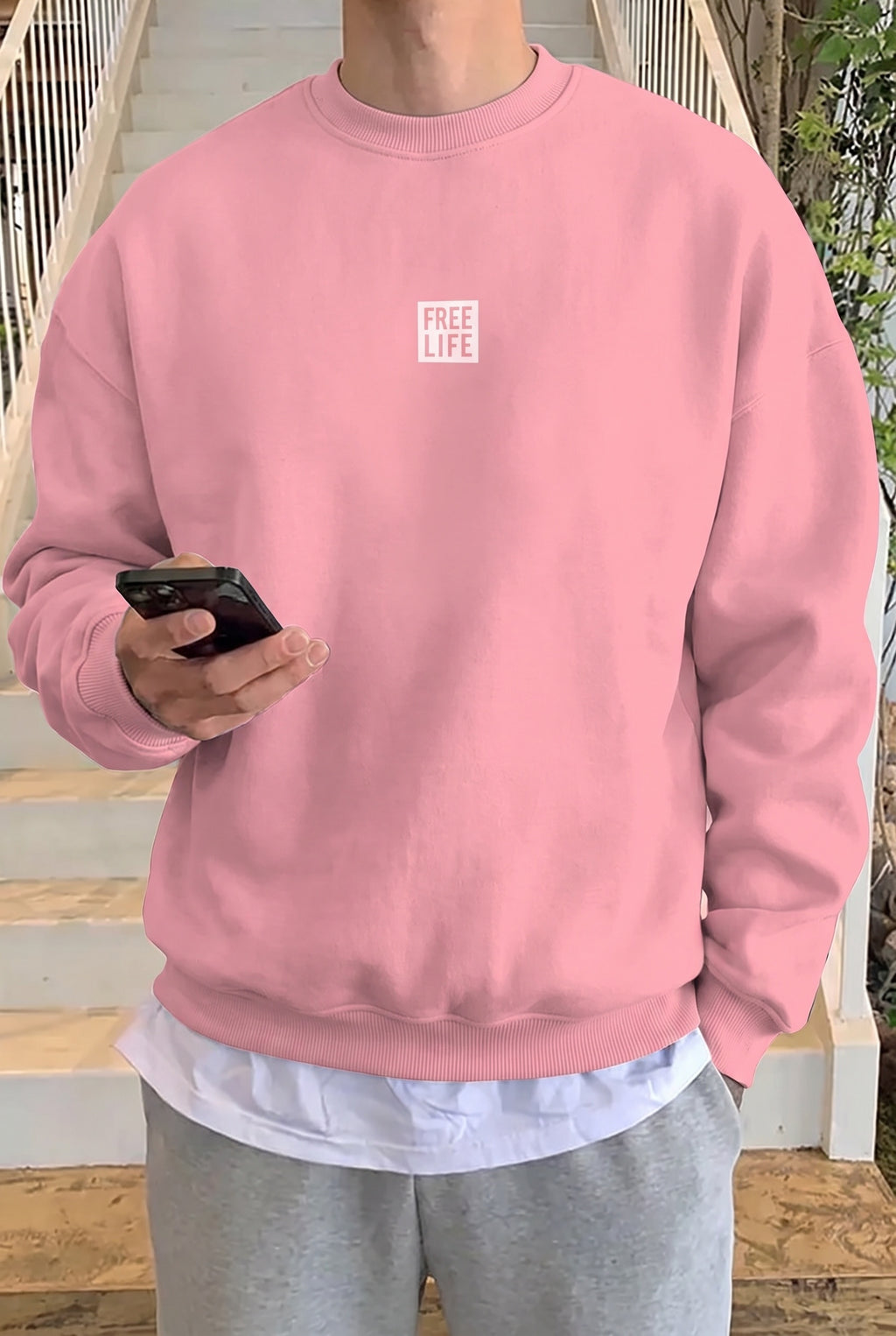 Erkek Pembe Free Life Baskılı Kalın Soft 3 İplik içi Şardonlu 0 Sıfır Yaka Oversize Salaş Sweatshirt