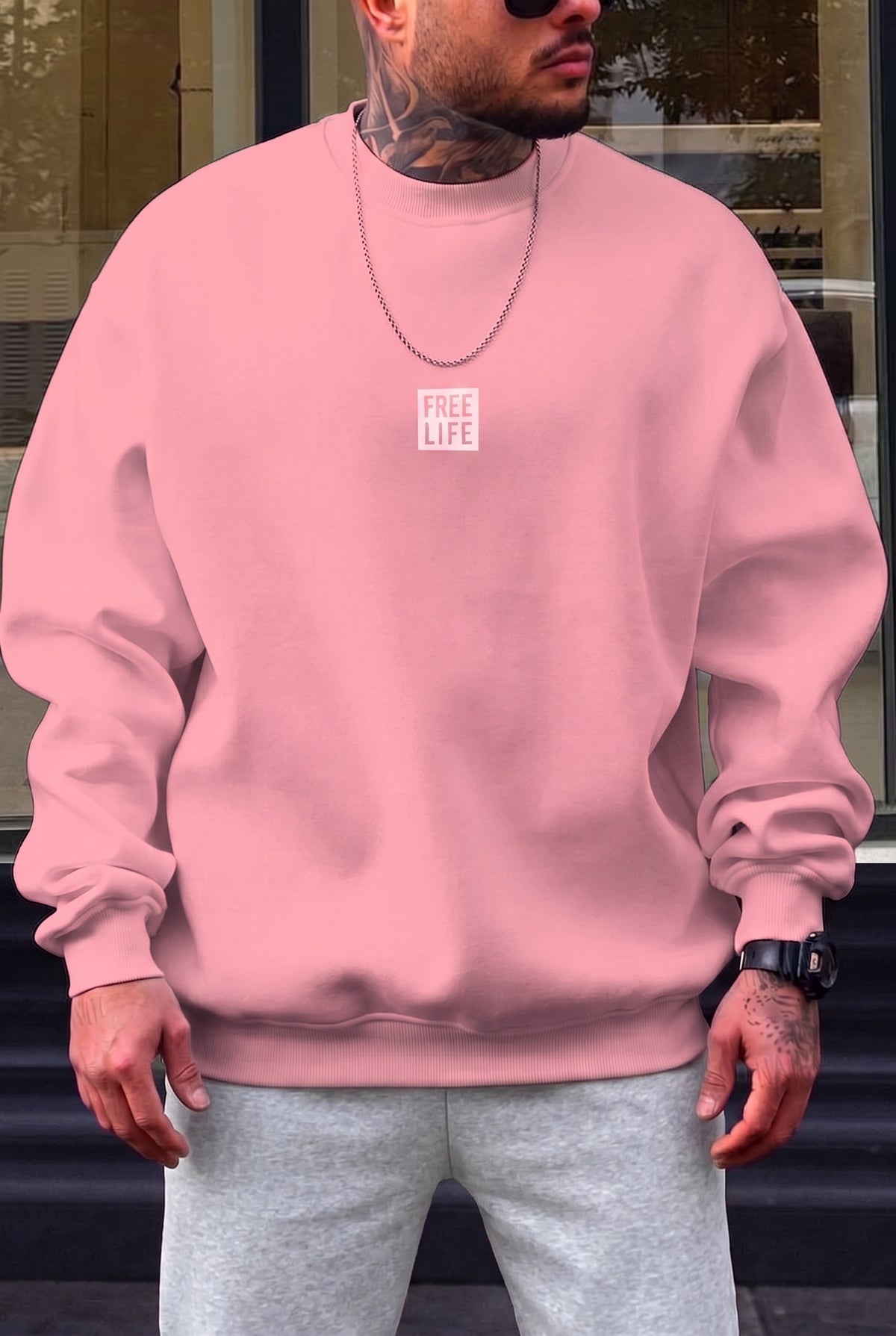 Erkek Pembe Free Life Baskılı Kalın Soft 3 İplik içi Şardonlu 0 Sıfır Yaka Oversize Salaş Sweatshirt