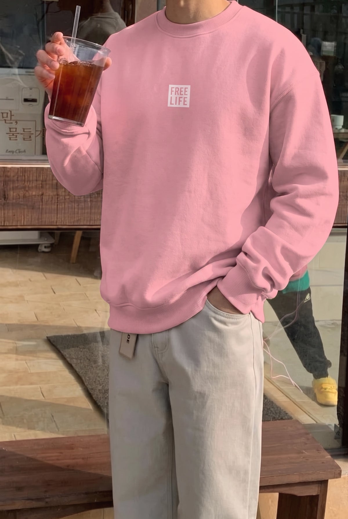 Erkek Pembe Free Life Baskılı Kalın Soft 3 İplik içi Şardonlu 0 Sıfır Yaka Oversize Salaş Sweatshirt