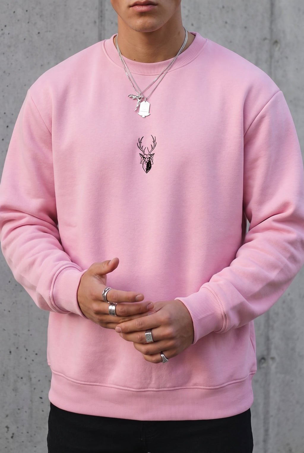 Erkek Pembe Geyik Soft 3 İplik içi Şardonlu 0 Sıfır Yaka Oversize Salaş Sweatshirt