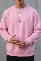 Erkek Pembe Geyik Soft 3 İplik içi Şardonlu 0 Sıfır Yaka Oversize Salaş Sweatshirt