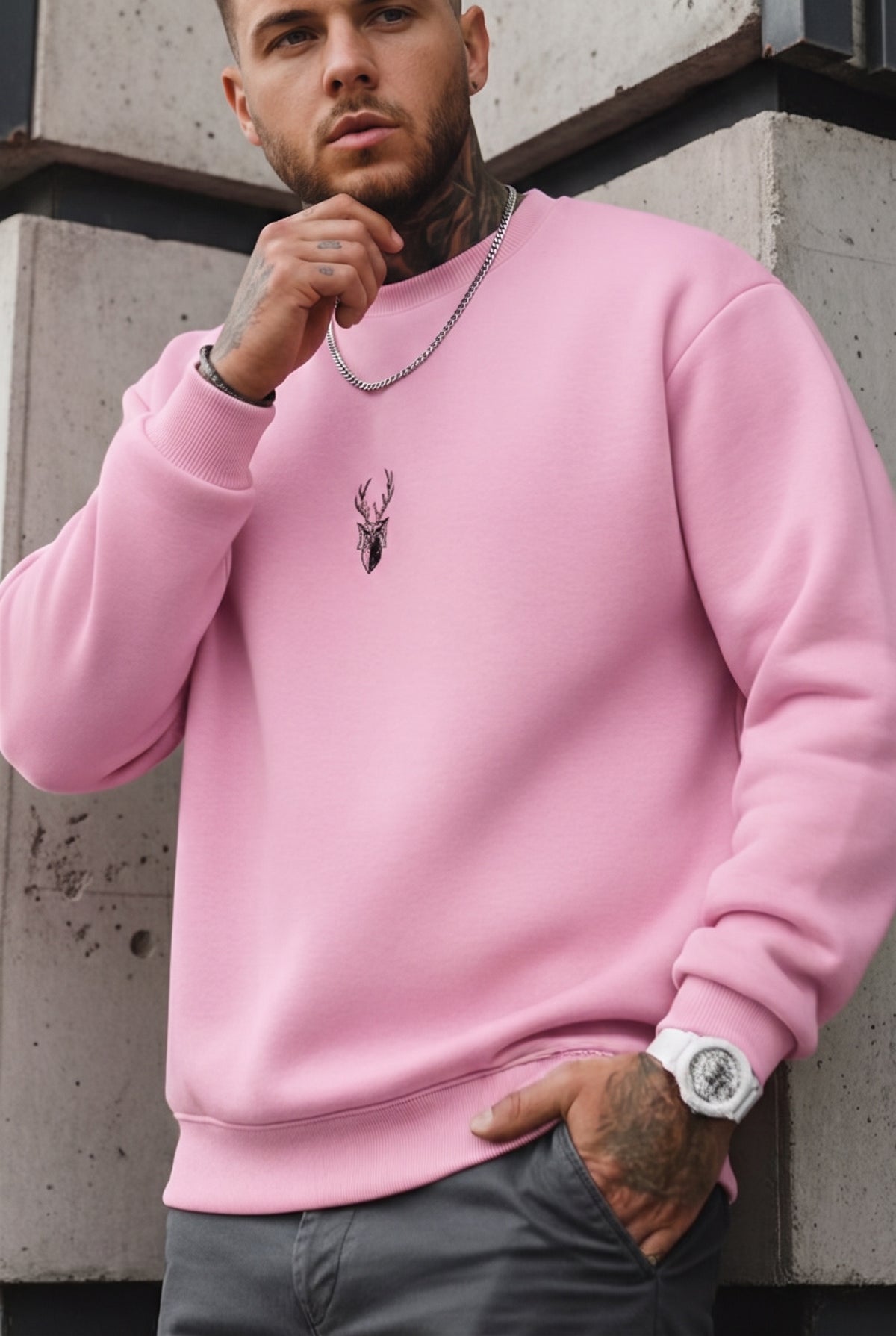 Erkek Pembe Geyik Soft 3 İplik içi Şardonlu 0 Sıfır Yaka Oversize Salaş Sweatshirt