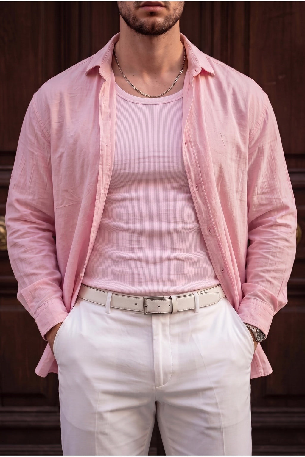Erkek Pembe Renkli Halter Yaka Fitilli Likralı Atlet