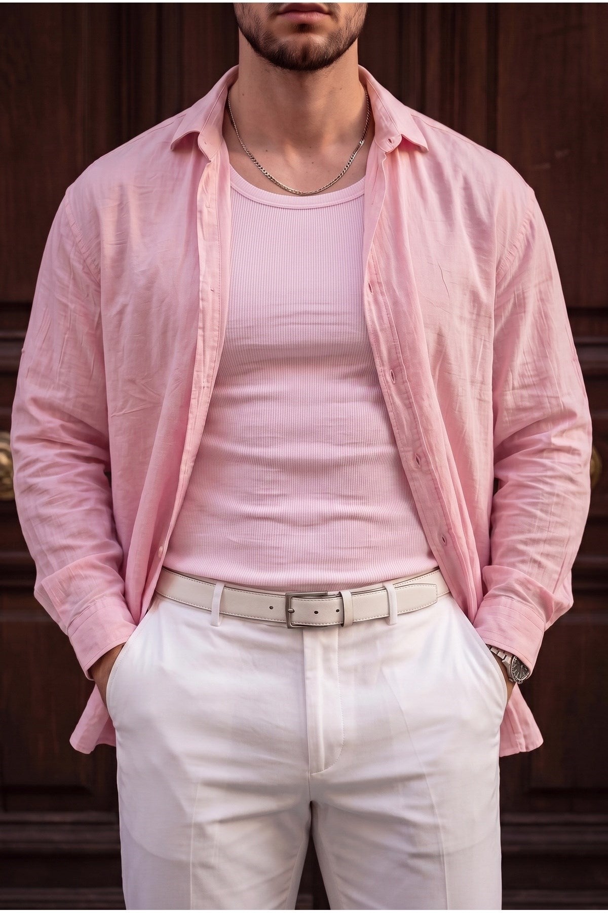 Erkek Pembe Renkli Halter Yaka Fitilli Likralı Atlet