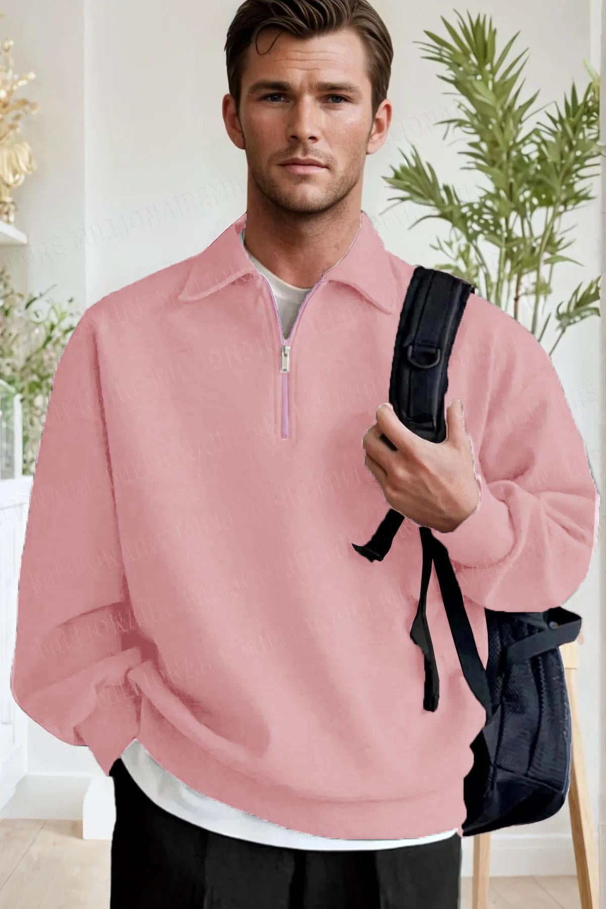 Erkek Pembe Yarım Fermuar Polo Yaka 3 İplik İçi Polarlı Şardonlu Oversize Sweatshirt